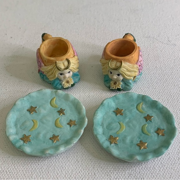 Miniature Tea Set Angels Tea Cups Plates Moon Stars Resin VTG 1995 Young's Inc - Picture 7 of 16